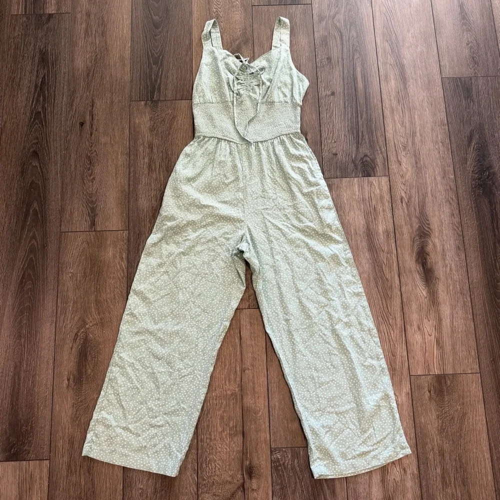 Jessica Simpson Seafoam Polka Dot Smocked Wide Leg Jumpsuit w/Pockets Size S - Picture 5 of 16
